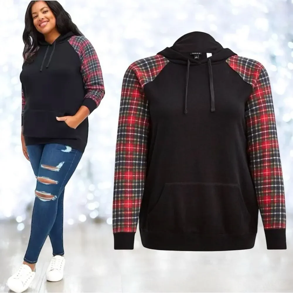Torrid Black Plaid Red Classic Fit Cozy Fleece Raglan Hoodie Size 3 3XL - Picture 4 of 13
